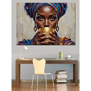 Altın Fincan Tutan Afrikalı Kadın Dekoratif Kanvas - Mdf Ahşap Tablo 35x50 cm