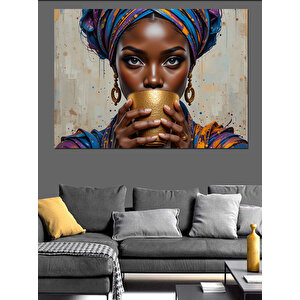 Altın Fincan Tutan Afrikalı Kadın Dekoratif Kanvas - Mdf Ahşap Tablo 35x50 cm