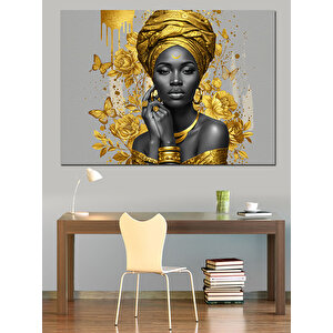 Altın Taçlı Afrikalı Kadın Dekoratif Kanvas - Mdf Ahşap Tablo 100x140 cm