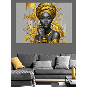 Altın Taçlı Afrikalı Kadın Dekoratif Kanvas - Mdf Ahşap Tablo 100x140 cm