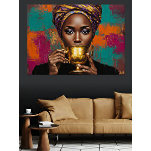 Altın Fincan Tutan Kadın Dekoratif Kanvas - Mdf Ahşap Tablo 35x50 cm