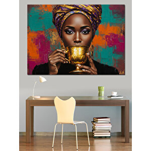 Altın Fincan Tutan Kadın Dekoratif Kanvas - Mdf Ahşap Tablo