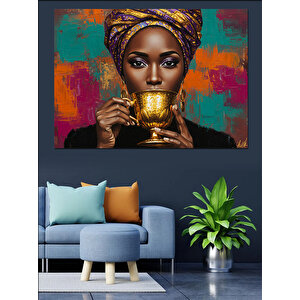 Altın Fincan Tutan Kadın Dekoratif Kanvas - Mdf Ahşap Tablo 70x100 cm
