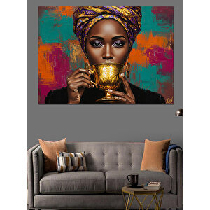 Altın Fincan Tutan Kadın Dekoratif Kanvas - Mdf Ahşap Tablo 70x100 cm