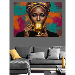 Altın Fincan Tutan Kadın Dekoratif Kanvas - Mdf Ahşap Tablo