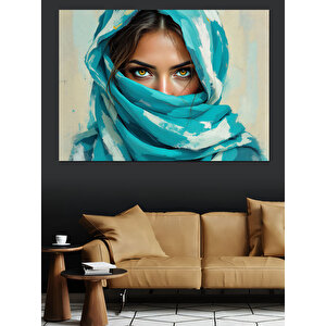Mavi Gözlü Örtülü Kadın Dekoratif Kanvas - Mdf Ahşap Tablo 50x70 cm