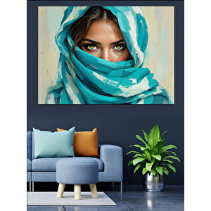 Mavi Gözlü Örtülü Kadın Dekoratif Kanvas - Mdf Ahşap Tablo 50x70 cm