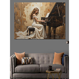Beyaz Elbiseli Piyanist Kadın Dekoratif Kanvas - Mdf Ahşap Tablo 50x70 cm