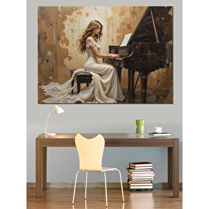 Beyaz Elbiseli Piyanist Kadın Dekoratif Kanvas - Mdf Ahşap Tablo 50x70 cm
