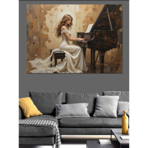 Beyaz Elbiseli Piyanist Kadın Dekoratif Kanvas - Mdf Ahşap Tablo 50x70 cm