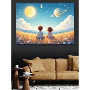Gezegenler Ve Çocuklar Dekoratif Kanvas - Mdf Ahşap Tablo 100x140 cm