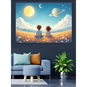 Gezegenler Ve Çocuklar Dekoratif Kanvas - Mdf Ahşap Tablo 100x140 cm