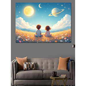 Gezegenler Ve Çocuklar Dekoratif Kanvas - Mdf Ahşap Tablo 100x140 cm