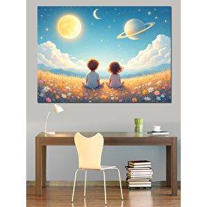 Gezegenler Ve Çocuklar Dekoratif Kanvas - Mdf Ahşap Tablo
