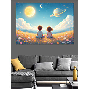 Gezegenler Ve Çocuklar Dekoratif Kanvas - Mdf Ahşap Tablo