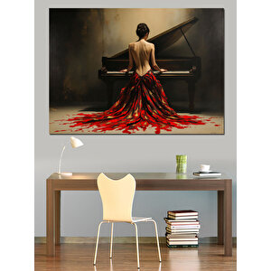 Kırmızı Elbiseli Piyanist Dekoratif Kanvas - Mdf Ahşap Tablo 35x50 cm