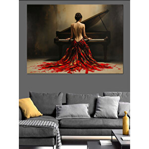 Kırmızı Elbiseli Piyanist Dekoratif Kanvas - Mdf Ahşap Tablo 35x50 cm