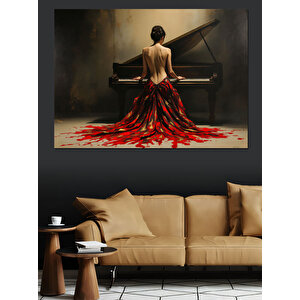 Kırmızı Elbiseli Piyanist Dekoratif Kanvas - Mdf Ahşap Tablo 35x50 cm