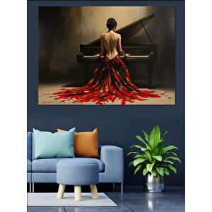 Kırmızı Elbiseli Piyanist Dekoratif Kanvas - Mdf Ahşap Tablo