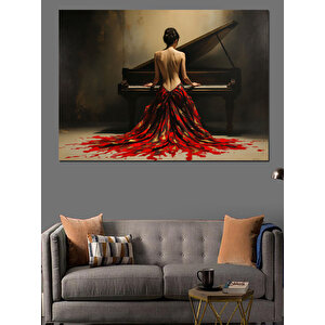 Kırmızı Elbiseli Piyanist Dekoratif Kanvas - Mdf Ahşap Tablo