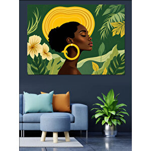 Altın Küpeli Afrikalı Kadın Dekoratif Kanvas - Mdf Ahşap Tablo 70x100 cm