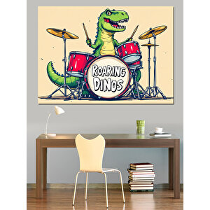Davul Çalan Dinozor Karikatürü Dekoratif Kanvas - Mdf Ahşap Tablo