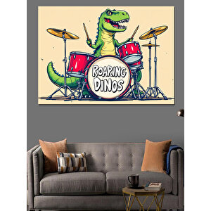 Davul Çalan Dinozor Karikatürü Dekoratif Kanvas - Mdf Ahşap Tablo