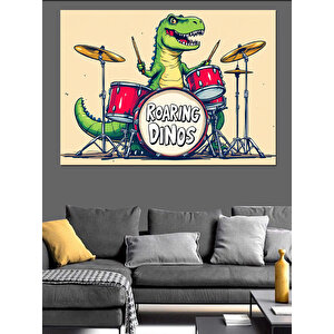 Davul Çalan Dinozor Karikatürü Dekoratif Kanvas - Mdf Ahşap Tablo 35x50 cm