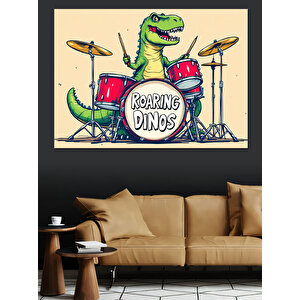 Davul Çalan Dinozor Karikatürü Dekoratif Kanvas - Mdf Ahşap Tablo 35x50 cm