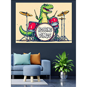 Davul Çalan Dinozor Karikatürü Dekoratif Kanvas - Mdf Ahşap Tablo 35x50 cm