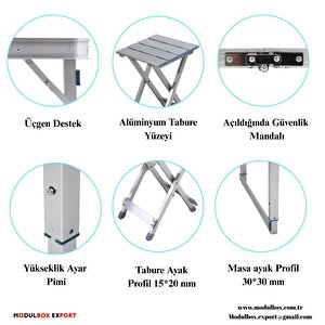 Modulbox Katlanabi̇li̇r, Ayarlanabi̇li̇r Alümi̇nyum 60x120, 4 Tabure, Kamp Masa Takimi, Pi̇kni̇k Masa Takimi