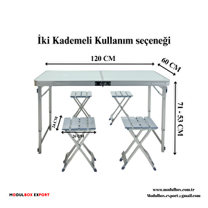 Modulbox Katlanabi̇li̇r, Ayarlanabi̇li̇r Alümi̇nyum 60x120, 4 Tabure, Kamp Masa Takimi, Pi̇kni̇k Masa Takimi