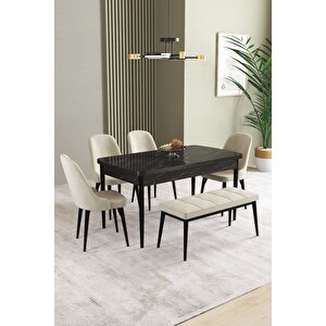 Ikon Siyah Mermer 80x132 Açılabilir Mdf Masa Yemek Odası Takımı, Mutfak Takımı 4 Sandalye, 1 Bench Krem