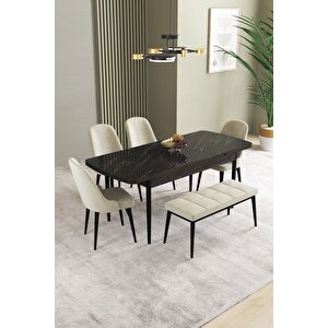 Ikon Siyah Mermer 80x132 Açılabilir Mdf Masa Yemek Odası Takımı, Mutfak Takımı 4 Sandalye, 1 Bench Krem