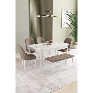 Ikon Beyaz Mermer 80x132 Açılabilir Mdf Masa Yemek Odası Takımı, Mutfak Takımı 4 Sandalye, 1 Bench Cappuccino
