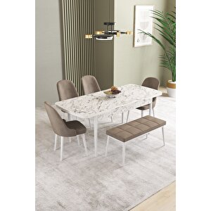 Ikon Beyaz Mermer 80x132 Açılabilir Mdf Masa Yemek Odası Takımı, Mutfak Takımı 4 Sandalye, 1 Bench Cappuccino