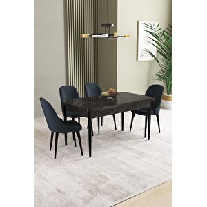 Ikon Siyah Mermer 80x132 Açılabilir Mdf Masa Yemek Odası Takımı, Mutfak Takımı 4 adet Sandalye Antrasit