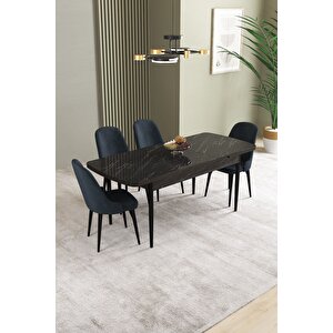 Ikon Siyah Mermer 80x132 Açılabilir Mdf Masa Yemek Odası Takımı, Mutfak Takımı 4 adet Sandalye Antrasit