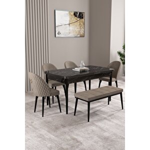 Milas Siyah Mermer Desen 80x132 Açılabilir Mdf Masa Yemek Odası Takımı,mutfak Takımı 4 Sandalye, 1 Bench Cappuccino