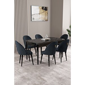 Milas Siyah Mermer Desen 80x132 Açılabilir Mdf Masa Yemek Odası Takımı,mutfak Takımı 6 adet Sandalye Antrasit