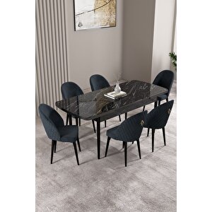 Milas Siyah Mermer Desen 80x132 Açılabilir Mdf Masa Yemek Odası Takımı,mutfak Takımı 6 adet Sandalye Antrasit