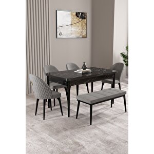 Milas Siyah Mermer Desen 80x132 Açılabilir Mdf Masa Yemek Odası Takımı,mutfak Takımı 4 Sandalye, 1 Bench Gri