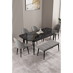 Milas Siyah Mermer Desen 80x132 Açılabilir Mdf Masa Yemek Odası Takımı,mutfak Takımı 4 Sandalye, 1 Bench Gri