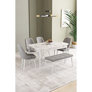 Ikon Beyaz Mermer 80x132 Açılabilir Mdf Masa Yemek Odası Takımı, Mutfak Takımı 4 Sandalye, 1 Bench Gri