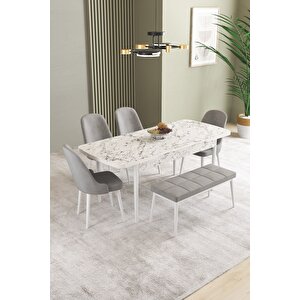 Ikon Beyaz Mermer 80x132 Açılabilir Mdf Masa Yemek Odası Takımı, Mutfak Takımı 4 Sandalye, 1 Bench Gri