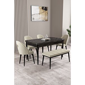 Milas Siyah Mermer Desen 80x132 Açılabilir Mdf Masa Yemek Odası Takımı,mutfak Takımı 4 Sandalye, 1 Bench Krem