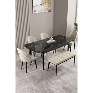 Milas Siyah Mermer Desen 80x132 Açılabilir Mdf Masa Yemek Odası Takımı,mutfak Takımı 4 Sandalye, 1 Bench Krem