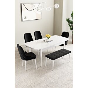 Clara Beyaz 80x132 Açılabilir Mdf Masa Yemek Odası Takımı,mutfak Takımı 4 Sandalye 1 Bench Siyah