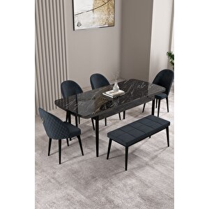 Milas Siyah Mermer Desen 80x132 Açılabilir Mdf Masa Yemek Odası Takımı,mutfak Takımı 4 Sandalye, 1 Bench Antrasit