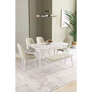 Ikon Beyaz Mermer 80x132 Açılabilir Mdf Masa Yemek Odası Takımı, Mutfak Takımı 4 Sandalye, 1 Bench Krem